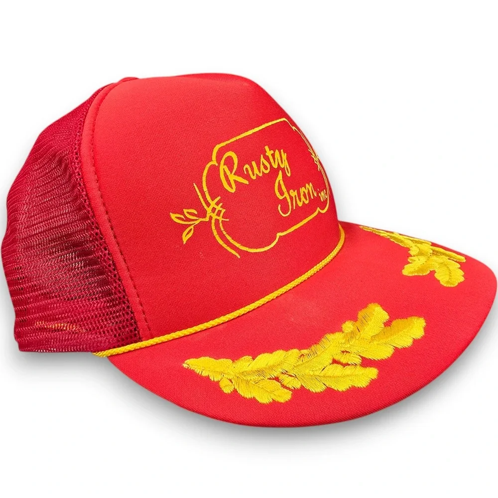 Otto Rusty Iron Inc Trucker Hat Mens Red Yellow Mesh Snapback Foam Baseball Cap